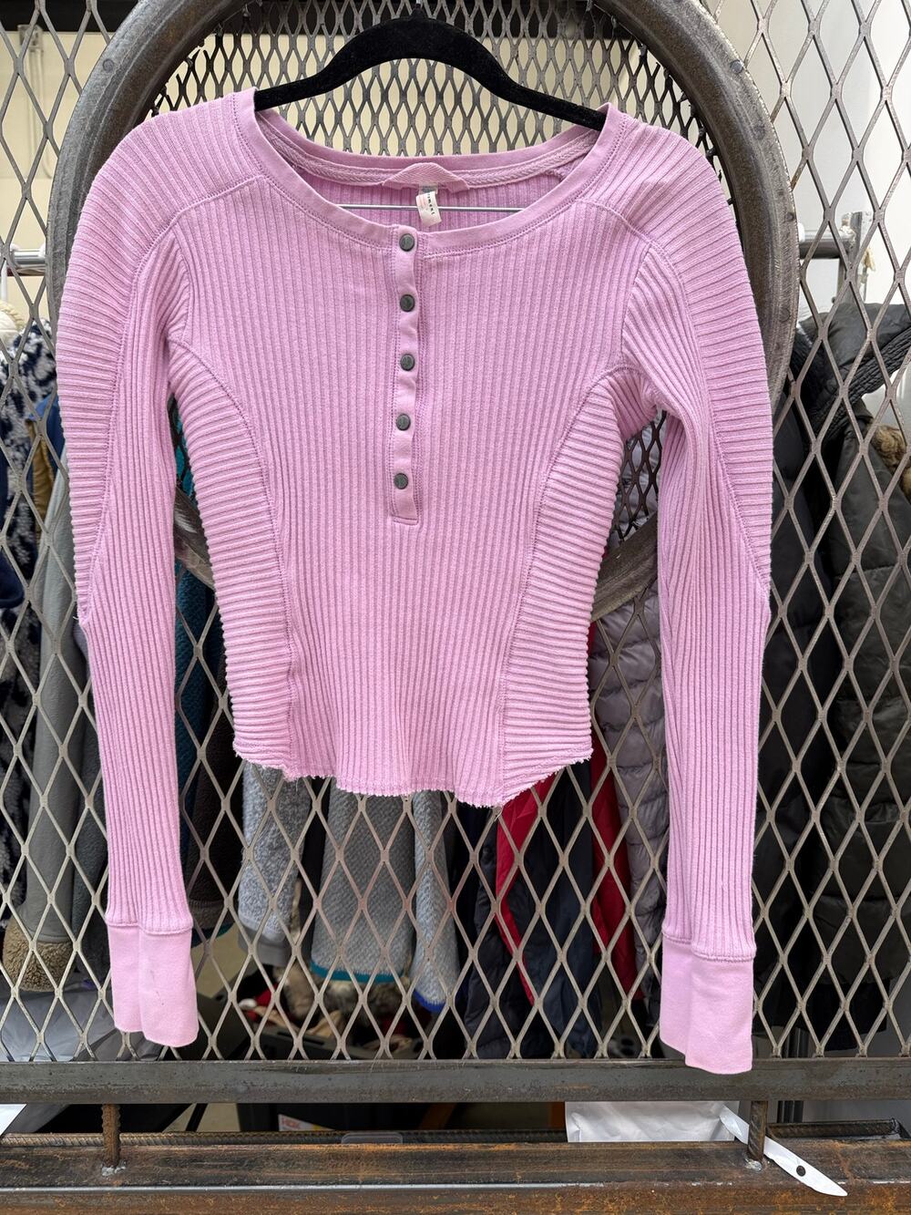 Free People FP Movement Pink Ribbed Henley Crop Top Long Sleeve Sz XS